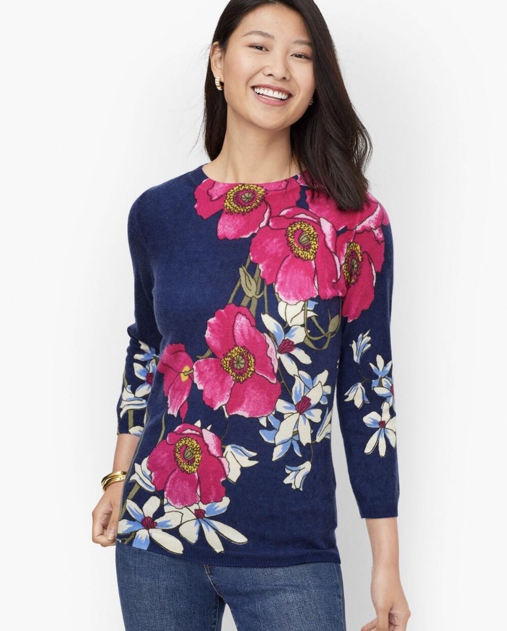 Talbots Pure Cashmere Sweater Women’s Medium Navy Pink Floral Poppy Crewneck